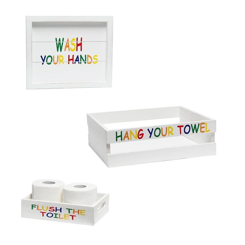 Elegant Designs Small White Wash Kids Towel Holder, Frame & Toilet Paper Holder Set