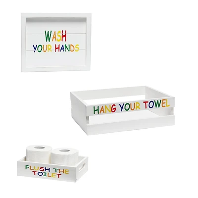 Elegant Designs Small White Wash Kids Towel Holder, Frame & Toilet Paper Holder Set