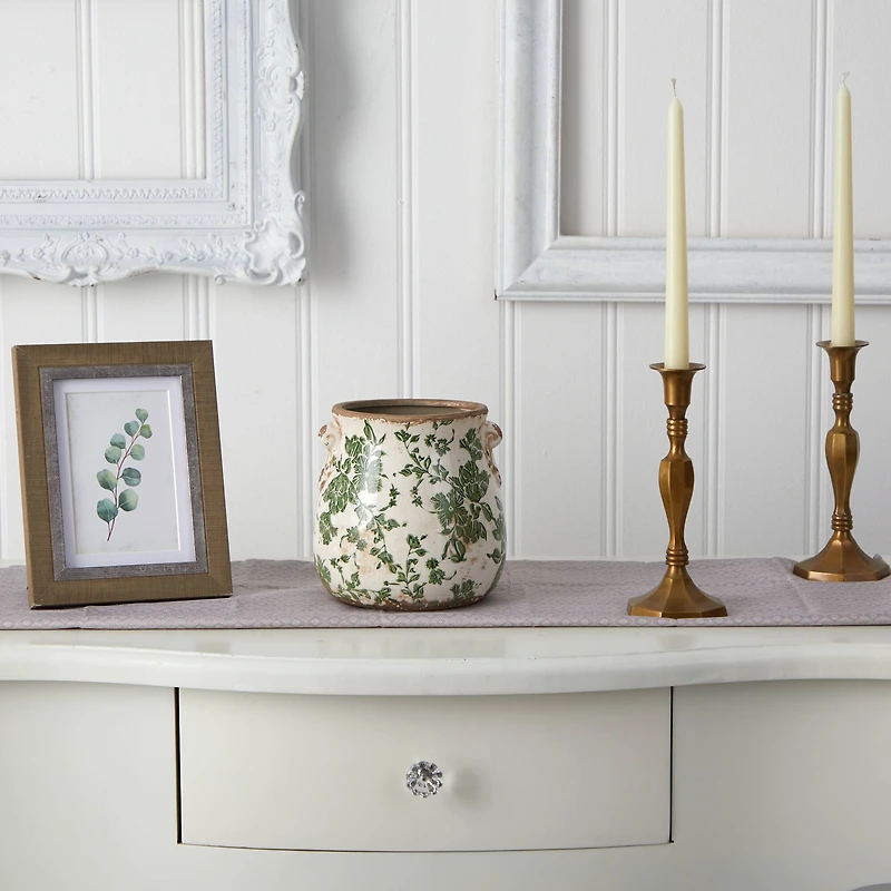 6.5" Tuscan Ceramic Green Scroll Planter