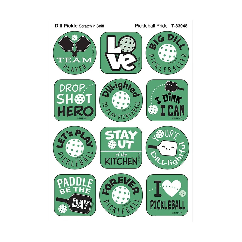 TREND Enterprises® Pickleball DILL-ight, Dill Pickle Scent Scratch n Sniff Stinky Stickers®, 1.25" 6 Packs of 48