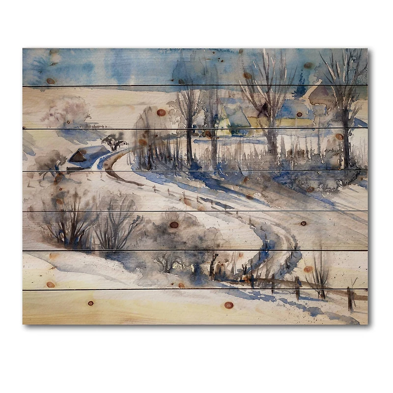 Designart - Country Road In Winter Times I - Traditional Print on Natural Pine Wood