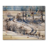 Designart - Country Road In Winter Times I - Traditional Print on Natural Pine Wood