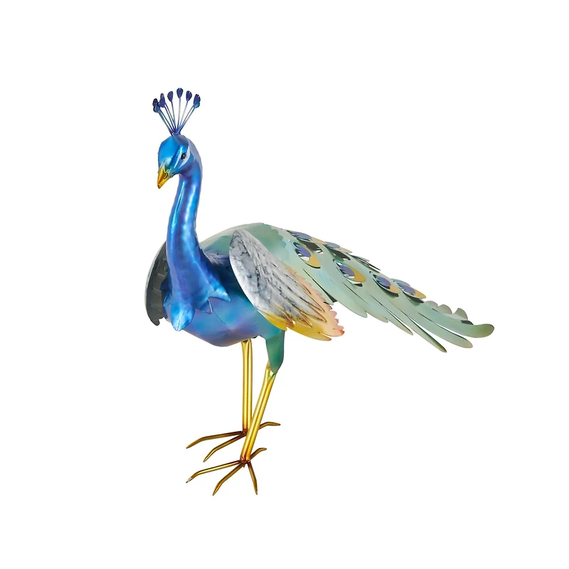 Blue Metal Peacock Decorative Garden Sculpture with Gold Legs and Teal Wings