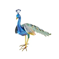 Blue Metal Peacock Decorative Garden Sculpture with Gold Legs and Teal Wings