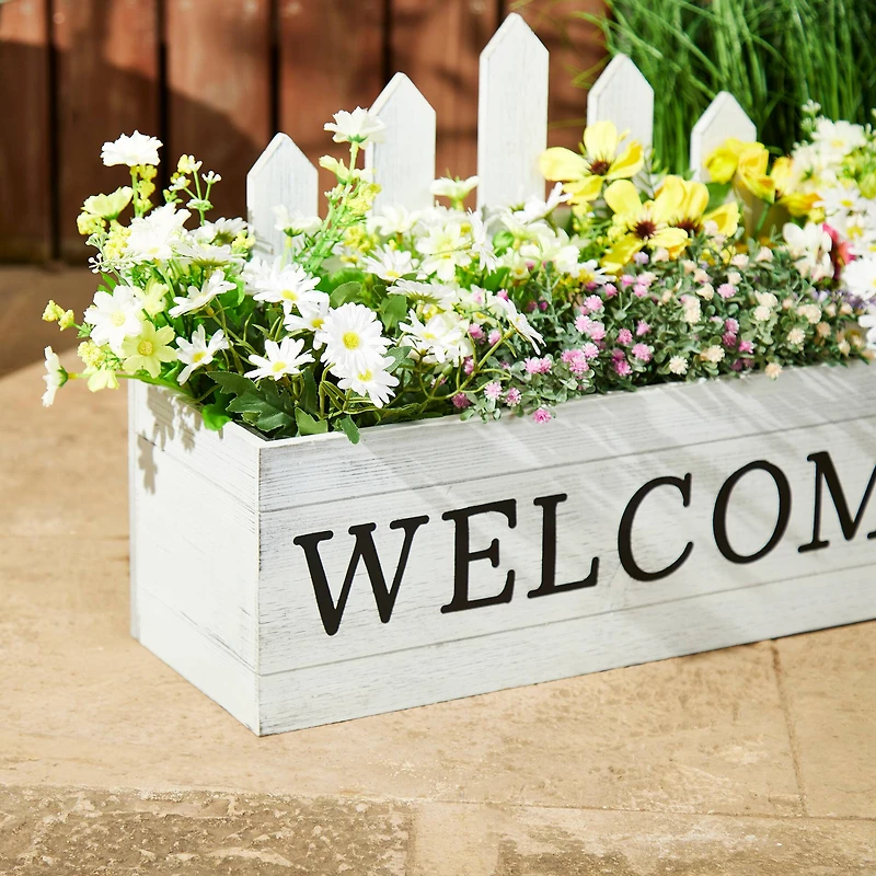 Glitzhome® White Wood WELCOME Fence-Inspired Planter Stand Set