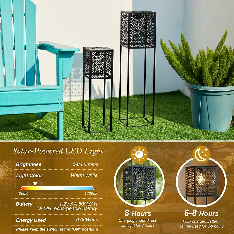 Glitzhome® Black Metal Cutout Pattern Solar Powered Outdoor Floor Lanterns Set