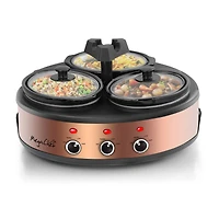 MegaChef Brushed Copper & Black Round Triple 1.5qt. Slow Cooker & Buffet Server Finish With 3 Ceramic Cooking Pots & Removable Lid Rests