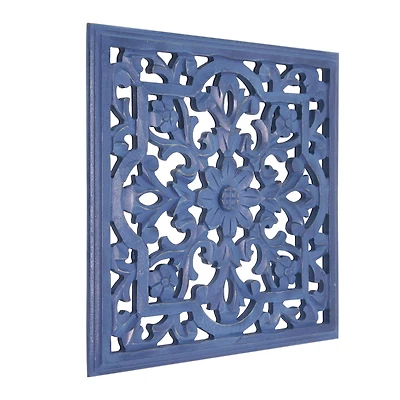 American Art Décor™ 16" Dark Blue Hand-Carved Latticework Square Wood Wall Medallion