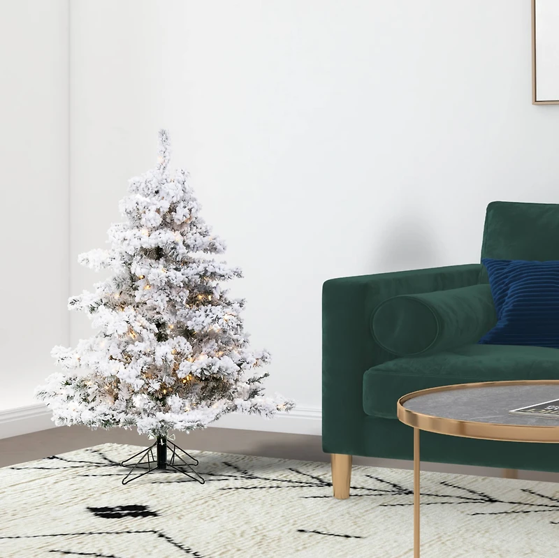 4.5ft. Pre-Lit Flocked Alaskan Pine Artificial Christmas Tree, White LED Lights