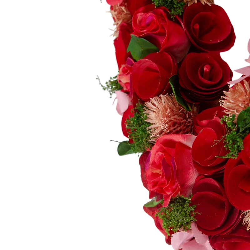 Red Wooden Rose Floral Heart Shaped Artificial Valentine's Day Wreath 10"