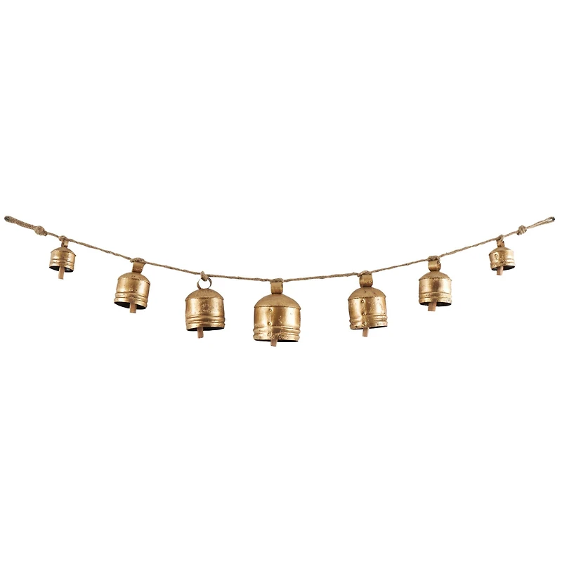 Gold Metal Tibetan Inspired String Hanging Decorative Cow Bells with Jute Hanging Rope