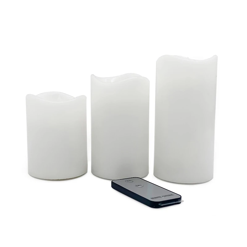White Glowing Flame LED Wax Pillar Candle Set with Remote by Ashland®