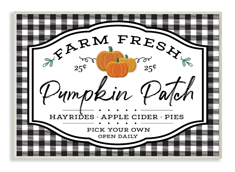 Stupell Industries Farm Fresh Pumpkin Patch Sign Black Checkered Plaid Wood Wall Plaque
