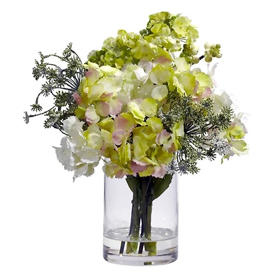 14" Cream & Green Hydrangea Silk Arrangement in Vase
