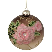 5" 2-Finish Brown & Pink Floral Applique Glass Ball Ornament