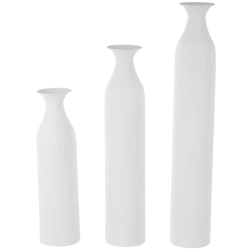 White Ribbed Floor Metal Vase Set