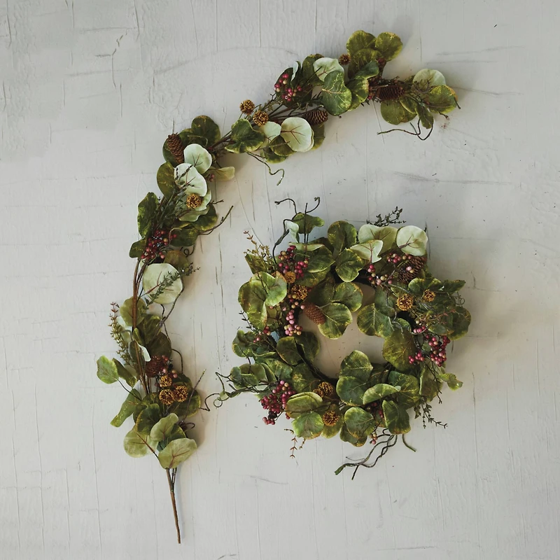 Hello Honey® 24" Green & Red Faux Zanzibar Leaf Wreath with Berries