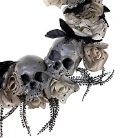 16" Double Skull & Gray Roses Halloween Wreath
