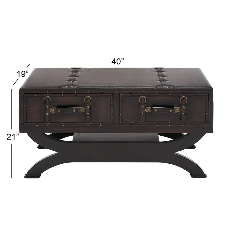 Brown Faux  Leather and Wood Traditional Coffee Table, 21" x 40" x 19"