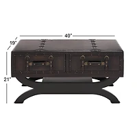 Brown Faux  Leather and Wood Traditional Coffee Table, 21" x 40" x 19"