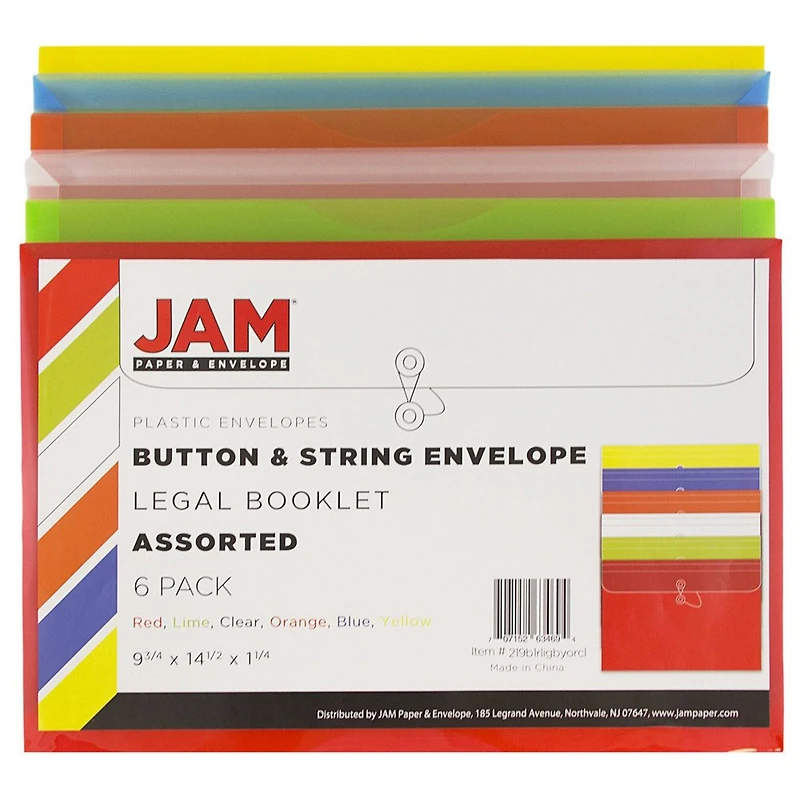 JAM Paper 9.75" x 14.5" Plastic Button & String Tie Closure Envelopes, 6ct.