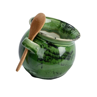 Hello Honey® 4" Green Stoneware Salt Dish with Acacia Wood Spoon