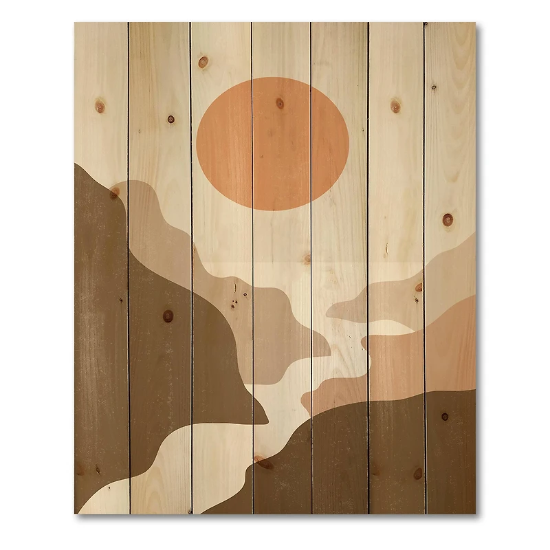 Designart - Lanscape With Full Moon In Terracotta Tones - Modern Print on Natural Pine Wood