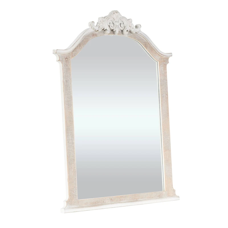 Cream Wooden Arched Scroll Room Wall Mirror with Brown Distressing