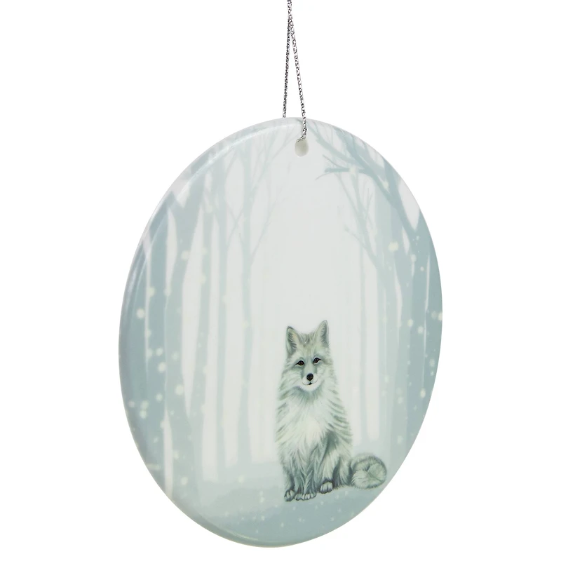 White & Silver Porcelain Arctic Fox Disc Ornament