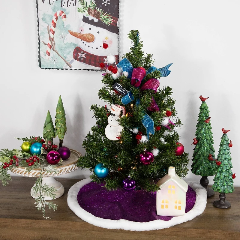 20" Purple Glittered Mini Christmas Tree Skirt with Faux Fur Trim