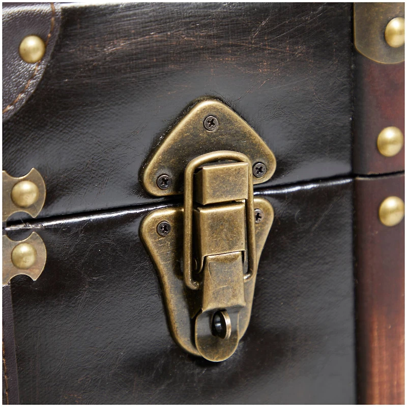 Dark Brown Faux Leather Studded Trunk with Latches & Handles Set