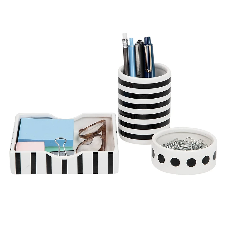 Mind Reader Ditto Collection Black & White Pen Cup, Clip Dish & Memo Tray Set