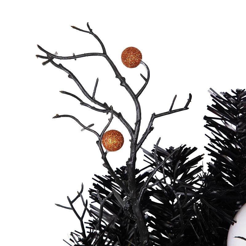 24'' Unlit Orange Ornaments and Ghost Halloween Pine Wreath