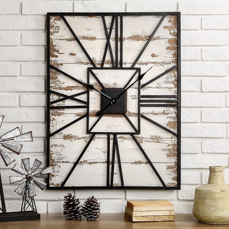 Glitzhome® 31.5" Oversized Farmhouse Wooden & Metal Rectangle Wall Clock