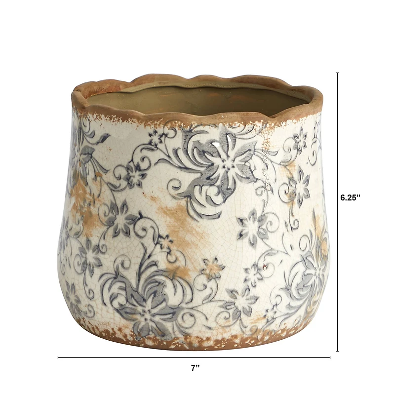7" Tuscan Ceramic Gray Scroll Planter