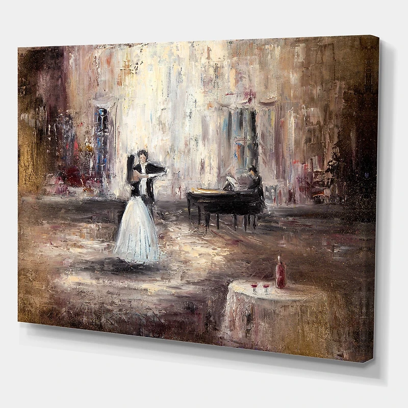 Designart - Black And White Couple Dancing In Hall With Piano