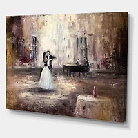 Designart - Black And White Couple Dancing In Hall With Piano