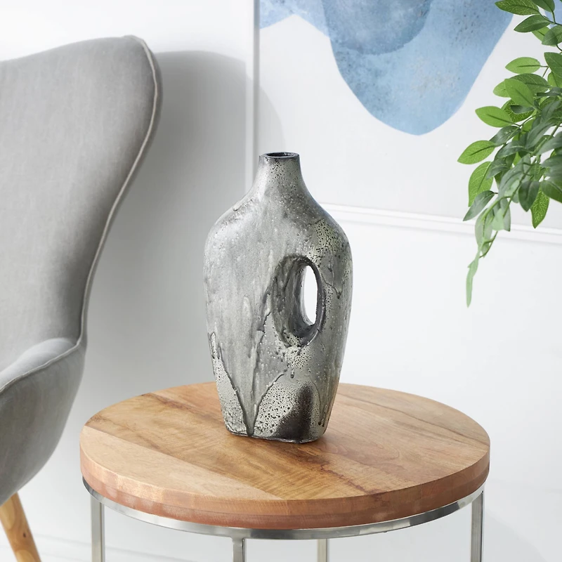 Gray Paper Mache Marble Inspired Decorative Vase with Cutout Handle