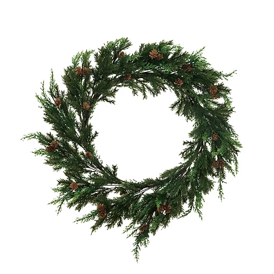 Hello Honey® 30" Green Faux Juniper & Pine Wreath with Pinecones