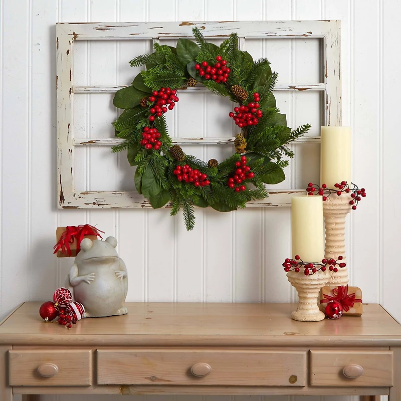 24" Magnolia Leaf, Berry & Pine Artificial Wreath