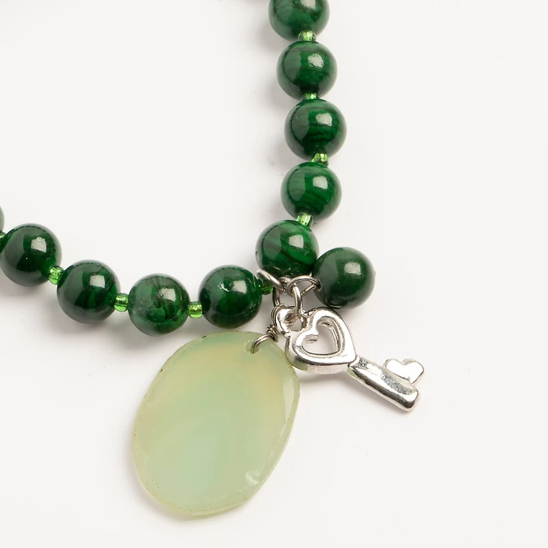 John Bead Malachite Natural Stone Stretch Bracelet with Agate & Key Charm