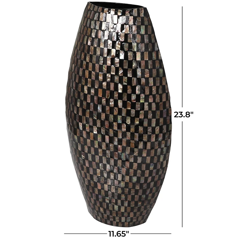 24" Black Mother of Pearl Handmade Geometric Mosaic Inspired Thin Vase