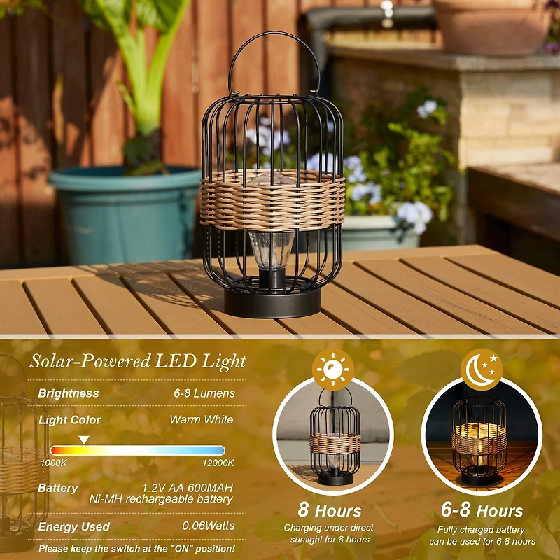 Glitzhome® 11.75" Metal Wire Faux Rattan Solar Powered Outdoor Lantern