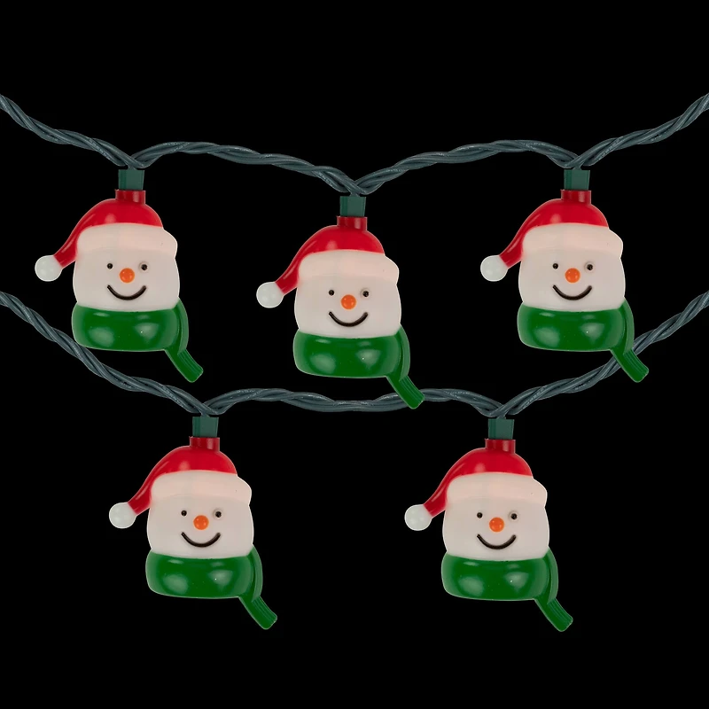10 Count Snowman Heads with Scarves Christmas Light Set  7.5ft Green Wire