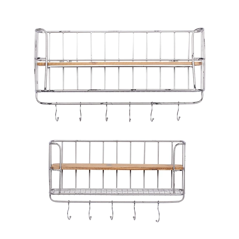 Set of 2 Silver Metal Basket & Wooden Wall Shelf Units With Hooks