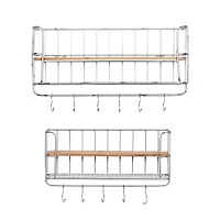 Set of 2 Silver Metal Basket & Wooden Wall Shelf Units With Hooks