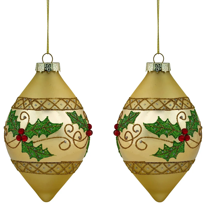 Set of 2 Golden Glitter Holly Finial Christmas Glass Ornaments 5"