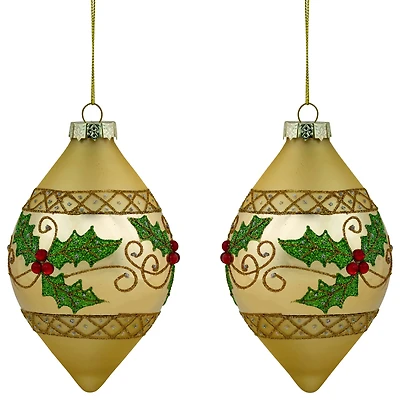 Set of 2 Golden Glitter Holly Finial Christmas Glass Ornaments 5"