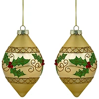 Set of 2 Golden Glitter Holly Finial Christmas Glass Ornaments 5"