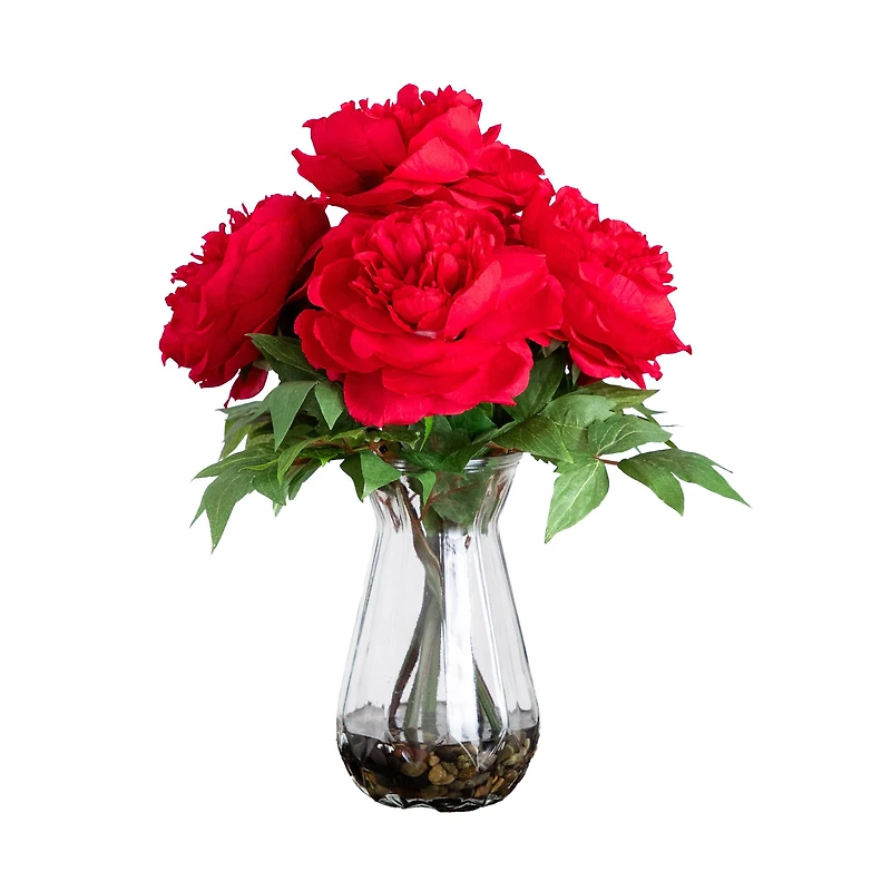 16" Red Peony Arrangement in Glass Vase